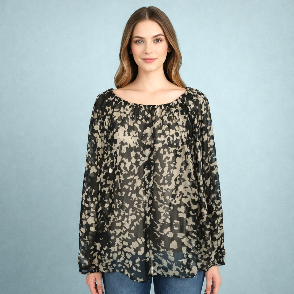 Banana Republic Size XXL Black Tan Chiffon Abstract Dot Print Semi-Sheer Top NEW